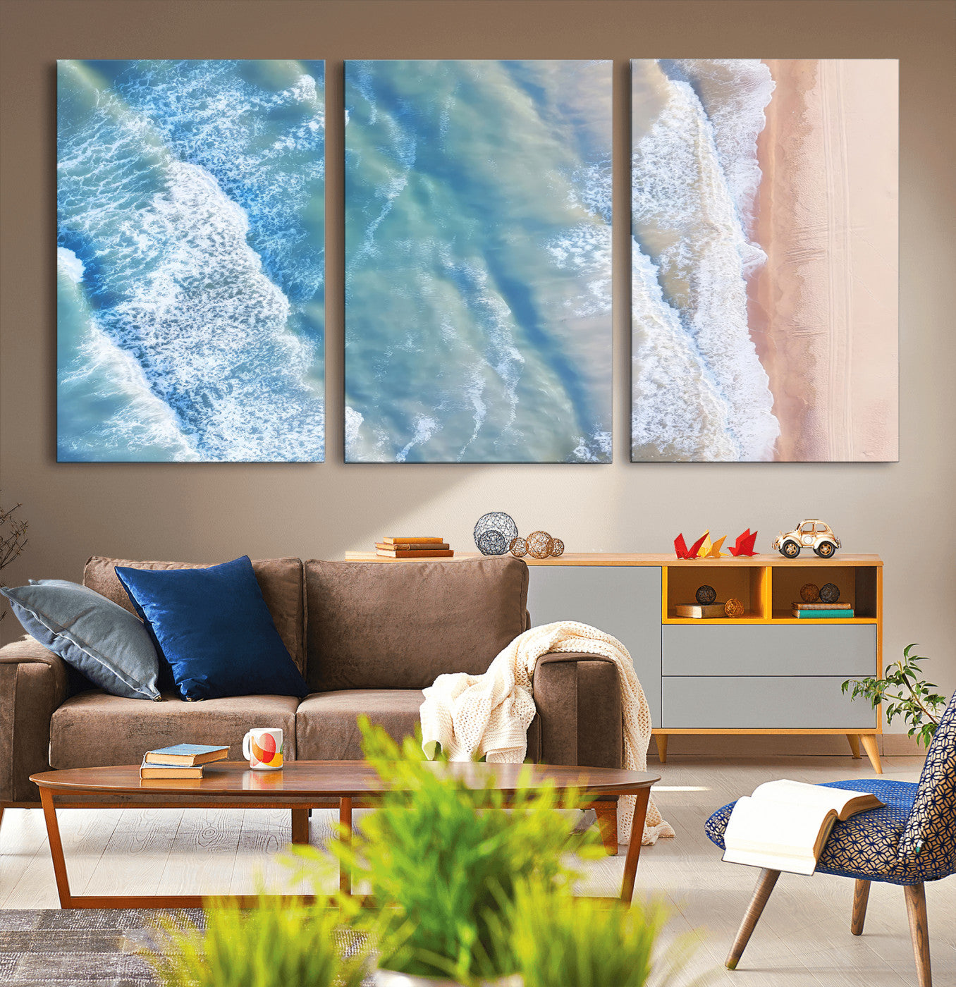 17641845-MGV-CV-36X24-Aerial Ocean Wall Art Canvas Print, Framed Blue Waves Art Picture Print, Sandy Shoreline Perfect Modern Coastal Decor Artwork