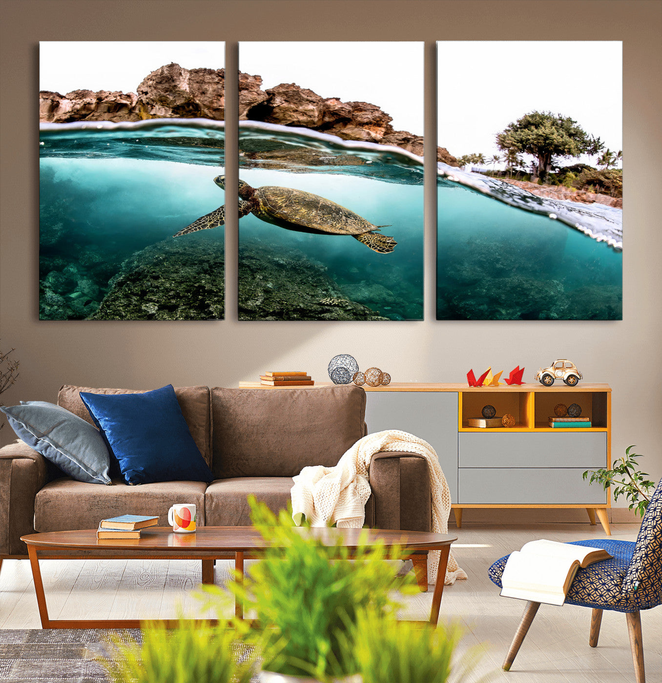 44200301-MGV-CV-36X24-Sea Turtle Swim Wall Art Canvas Print, Framed Ocean Life Art Picture Print, Tropical Shoreline Perfect Tropical Coastal Decor