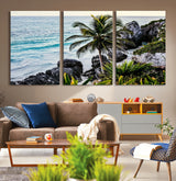 94669907-MGV-CV-36X24-Tropical Coastline Wall Art Canvas Print, Framed Palm Tree Art Picture Print, Rocky Beach Perfect Tropical Coastal Decor Artwork