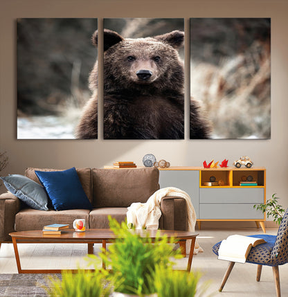 47112103-MGV-CV-36X24-Brown Bear Wall Art Canvas Print, Framed Forest Wildlife Art Picture Print, Woodland Bear Perfect Rustic Cabin Decor Artwork