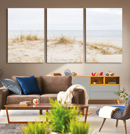 13146857-MGV-CV-60X30-3P-Beach Dunes Wall Art Canvas Print, Framed Soft Horizon Art Picture Print, Coastal Grass Perfect Minimalist Coastal Decor Artwork