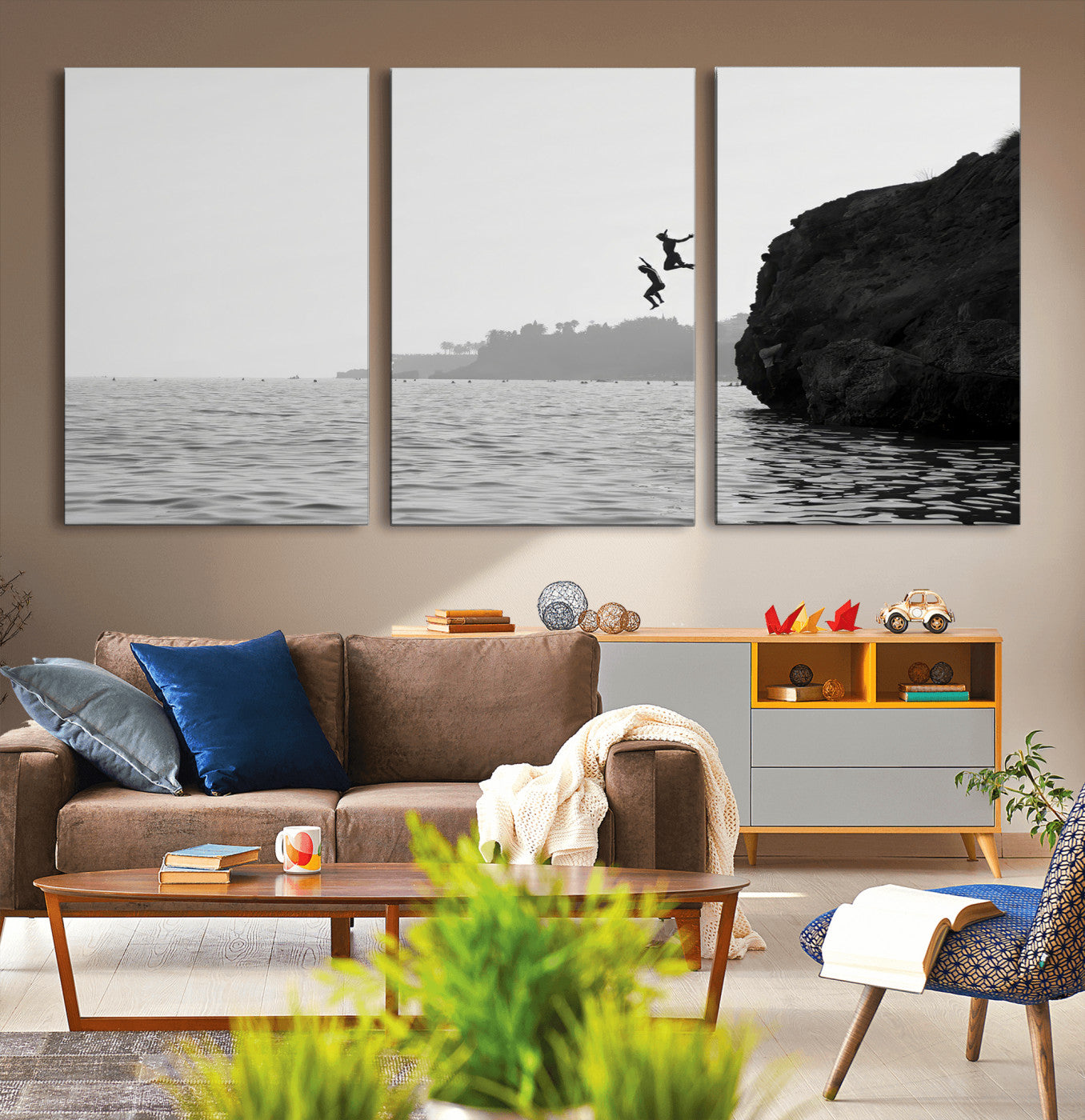 52284302-MGV-CV-36X24-Cliff Jumping Wall Art Canvas Print, Framed Ocean Adventure Art Picture Print, Black White Coast Perfect Modern Coastal Decor