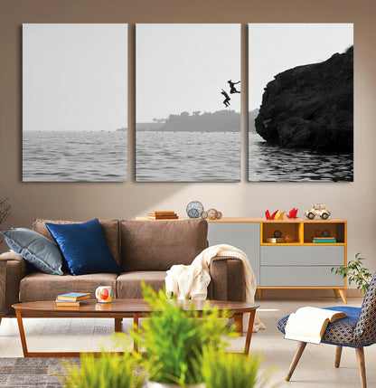 52284302-MGV-CV-36X24-Cliff Jumping Wall Art Canvas Print, Framed Ocean Adventure Art Picture Print, Black White Coast Perfect Modern Coastal Decor