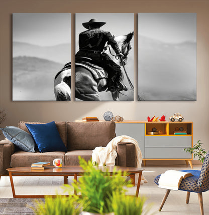 83102464-MGV-CV-36X24-Western Cowboy Wall Art Canvas Print, Framed Monochrome Horse Art Picture Print, Western Equestrian Perfect Rustic Western Decor