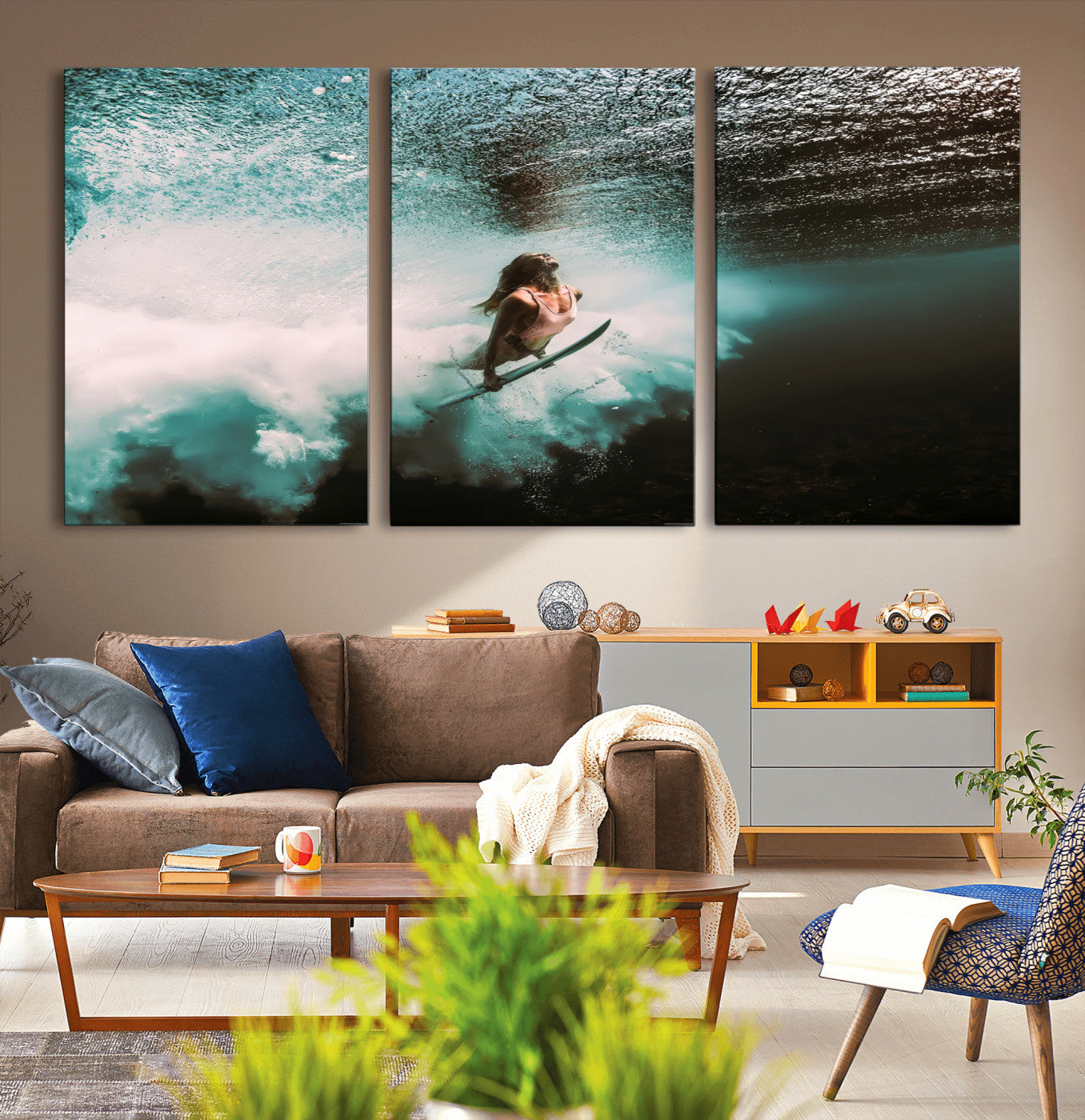 85923512-MGV-CV-36X24-Aquatic Motion Wall Art Canvas Print, Framed Underwater Swimming Art Picture Print, Female Surfer Diving Perfect Coastal Boho