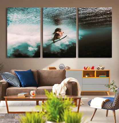 85923512-MGV-CV-36X24-Aquatic Motion Wall Art Canvas Print, Framed Underwater Swimming Art Picture Print, Female Surfer Diving Perfect Coastal Boho
