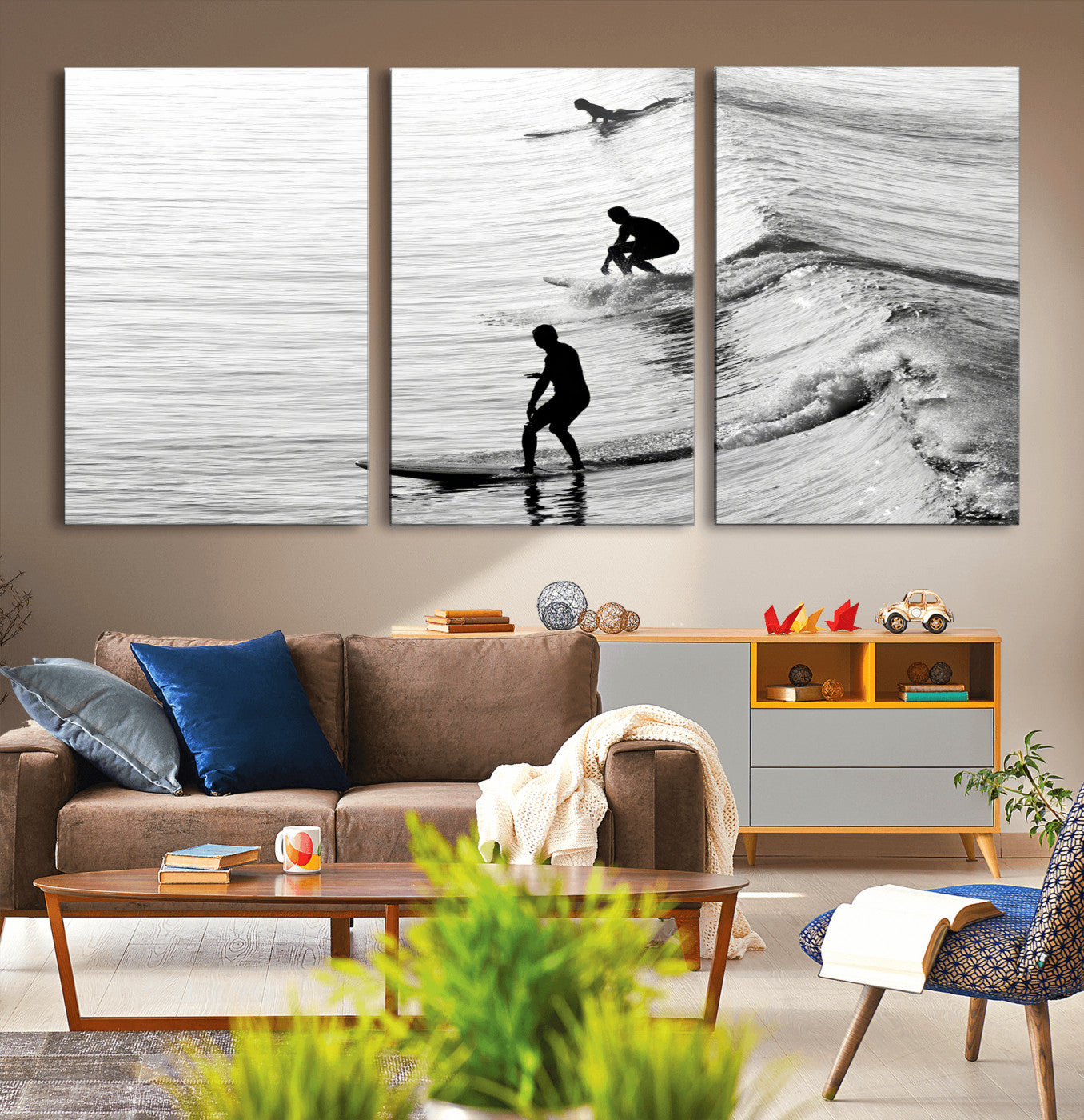 19875284-MGV-CV-36X24-Surfer Waves Wall Art Canvas Print, Framed Black White Surf Art Picture Print, Monochrome Ocean Perfect Modern Coastal Decor