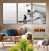 19875284-MGV-CV-36X24-Surfer Waves Wall Art Canvas Print, Framed Black White Surf Art Picture Print, Monochrome Ocean Perfect Modern Coastal Decor