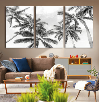 62113786-MGV-CV-36X24-Black White Palm Wall Art Canvas Print, Framed Monochrome Tropics Art Picture Print, Minimalist Beach Perfect Coastal Minimalist