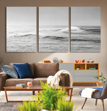 98634812-MGV-CV-36X24-Black and White Ocean Waves Wall Art – Minimalist Sea Canvas Print, Coastal Photography Decor for Living Room, Bedroom or Office