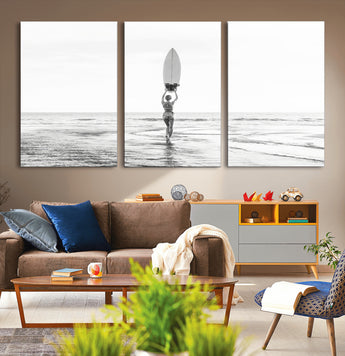 98446901-MGV-CV-36X24-Monochrome Surf Wall Art Canvas Print, Framed Minimalist Surfer Art Picture Print, Surfboard Silhouette Perfect Coastal Minimalist