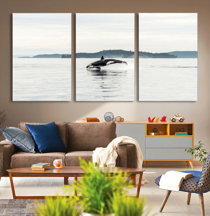 10157174-MGV-CV-36X24-Orca Whale Wall Art Canvas Print, Framed Black White Whale Art Picture Print, Minimalist Ocean Perfect Coastal Minimalist Decor