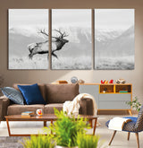 62278753-MGV-CV-36X24-Monochrome Elk Wall Art Canvas Print, Framed Mountain Wildlife Art Picture Print, Rustic Nature Perfect Rustic Minimalist Decor