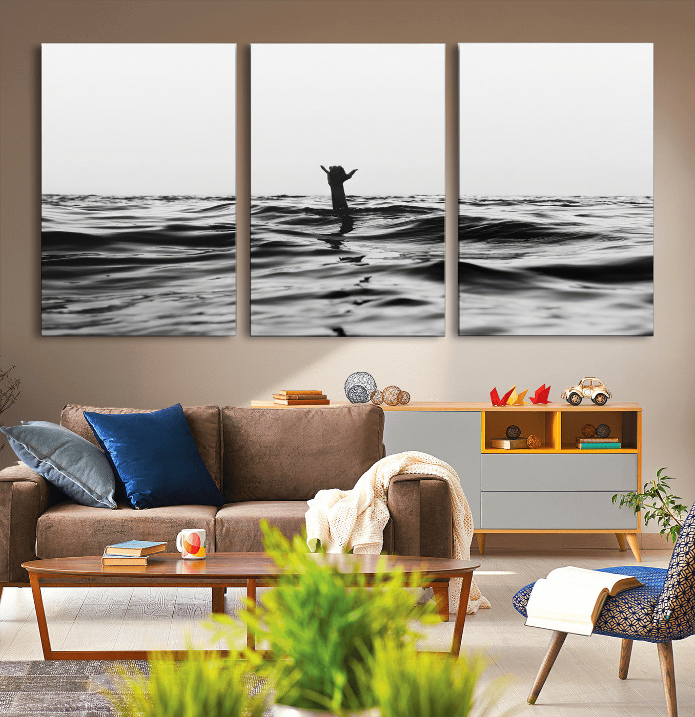 69541918-MGV-CV-36X24-Black White Ocean Wall Art Canvas Print, Framed Moody Seascape Art Picture Print, Surfer Sign Perfect Moody Minimalist Decor