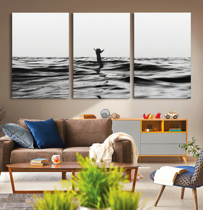 69541918-MGV-CV-36X24-Black White Ocean Wall Art Canvas Print, Framed Moody Seascape Art Picture Print, Surfer Sign Perfect Moody Minimalist Decor