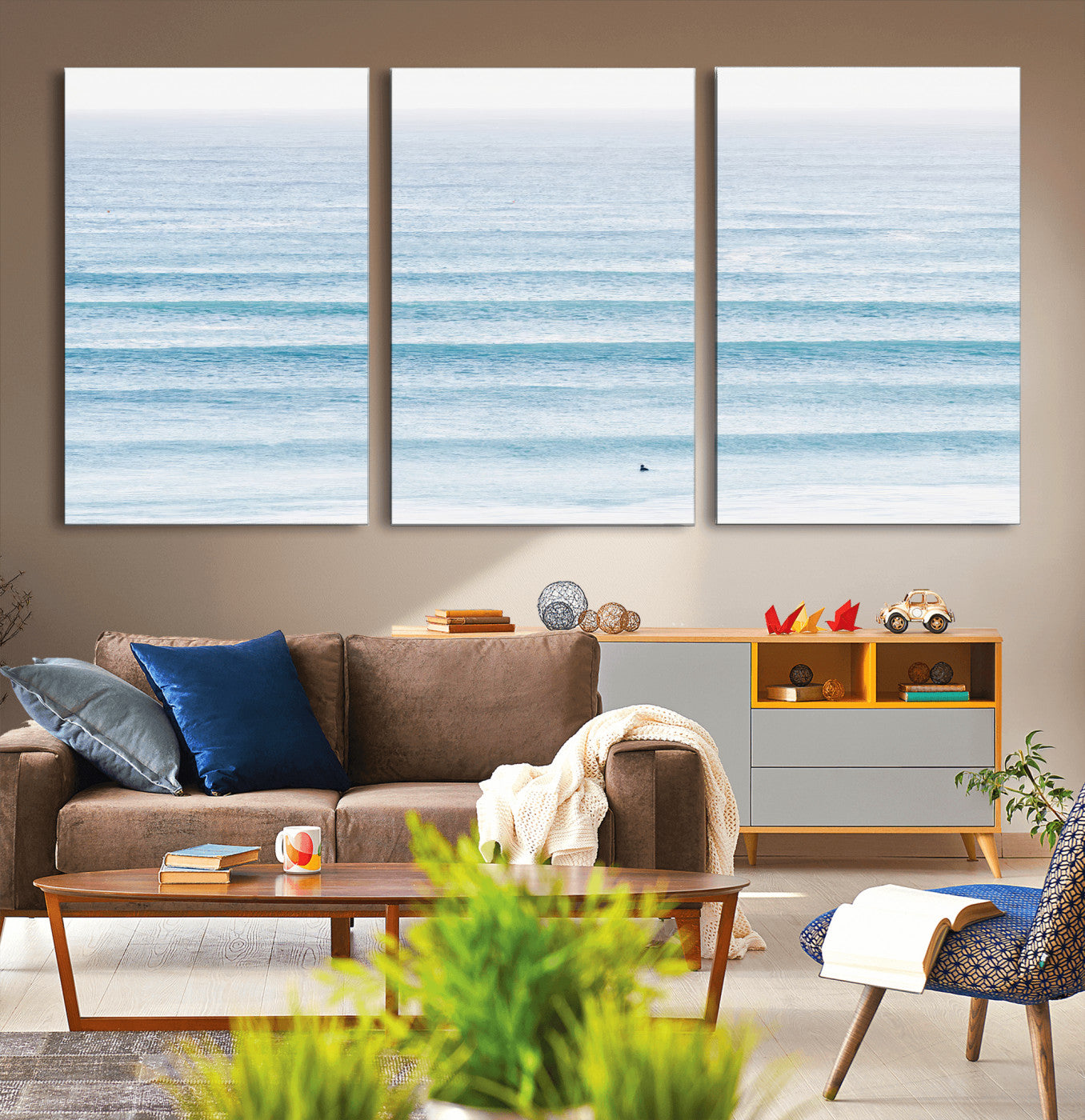 77145995-MGV-CV-36X24-Ocean Simplicity Wall Art Canvas Print, Framed Surfer on Water Art Picture Print, Light Blue Perfect Coastal Minimalist Decor