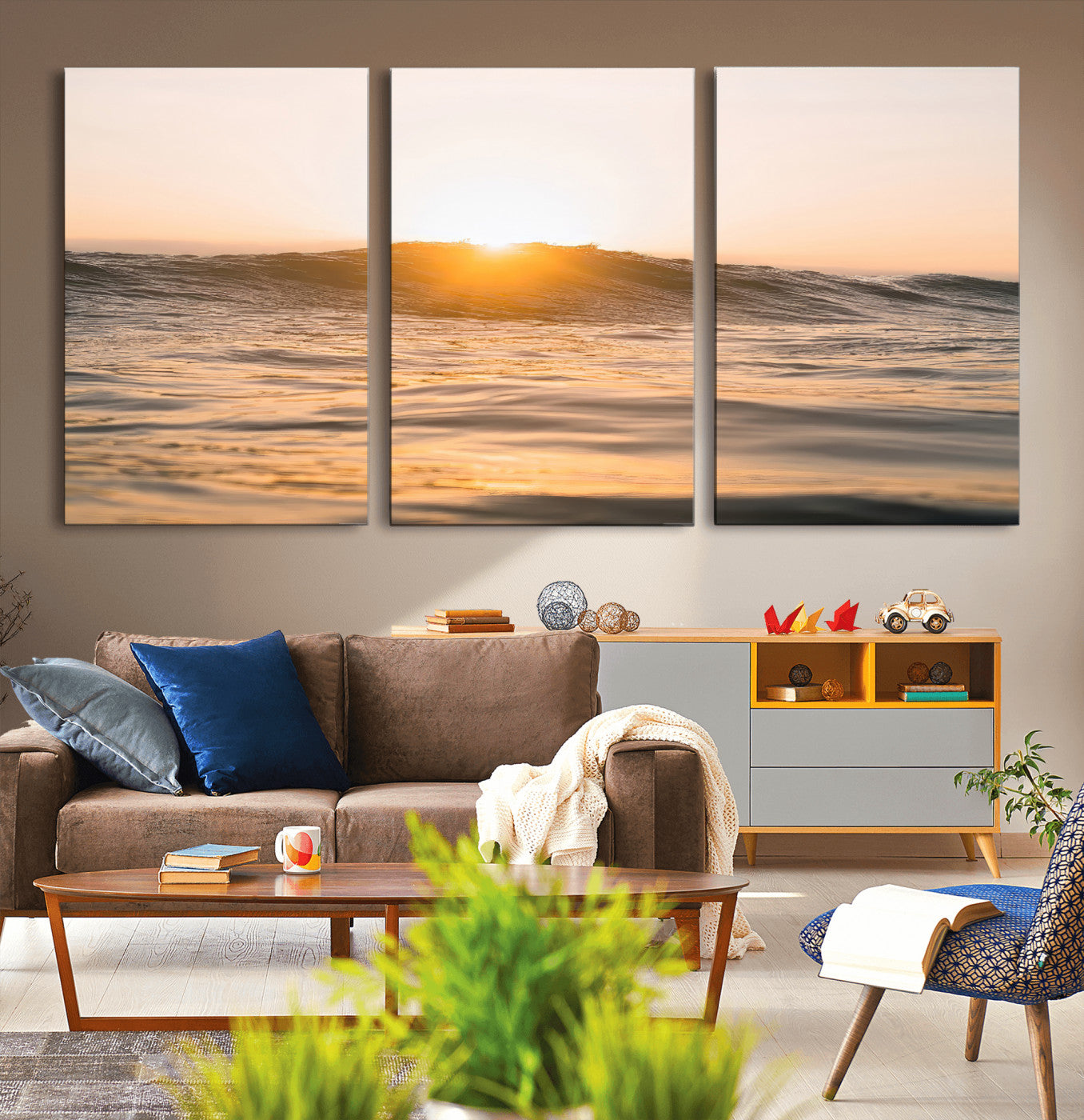 16973771-MGV-CV-36X24-Calm Water Wall Art Canvas Print, Framed Sunset Waves Art Picture Print, Coastal Warmth Perfect Warm Minimalist Decor Artwork