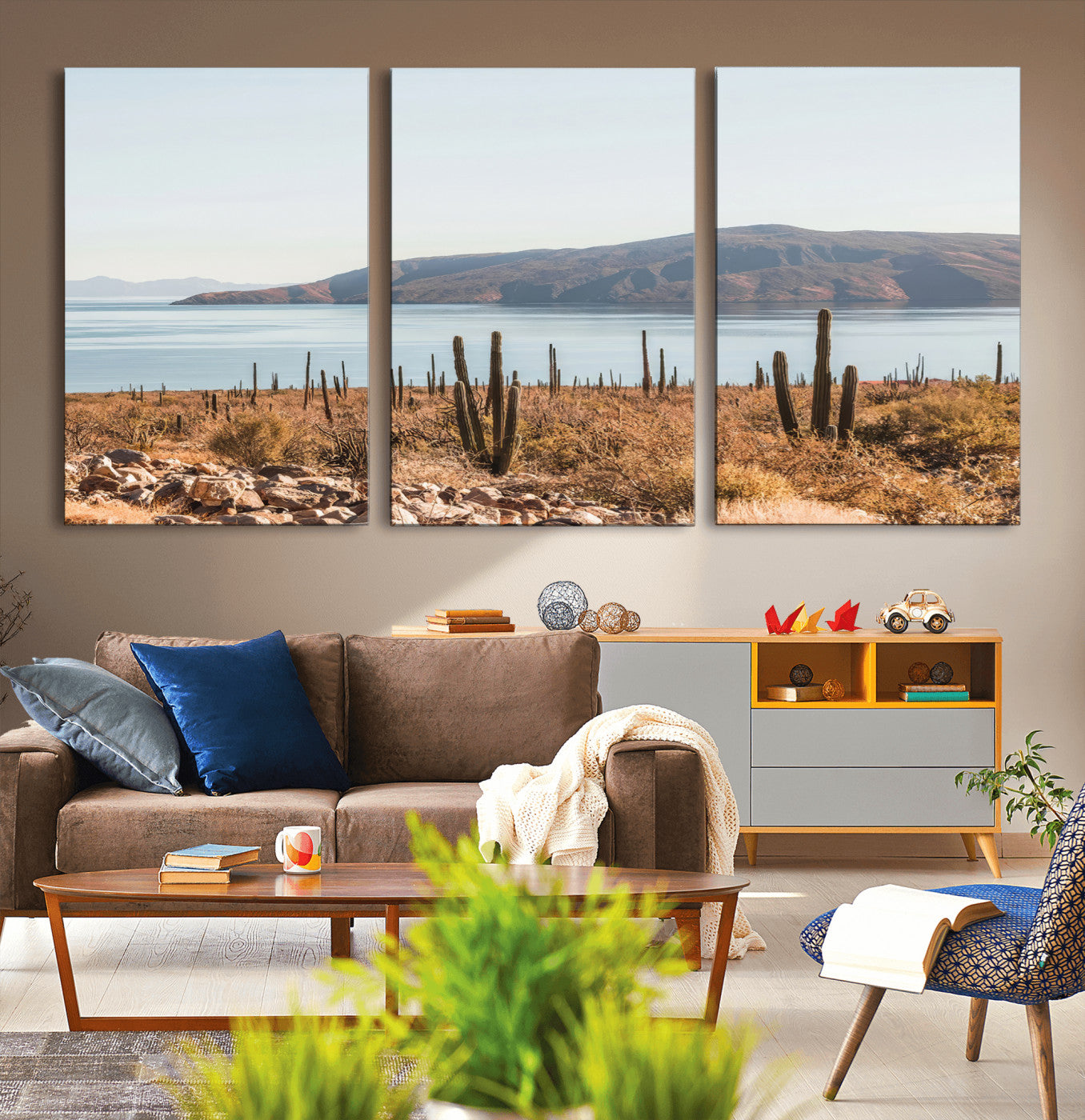 45193515-MGV-CV-36X24-Desert Cactus Wall Art Canvas Print, Framed Baja Coastline Art Picture Print, Coastal Desert Perfect Southwestern Minimalist Decor