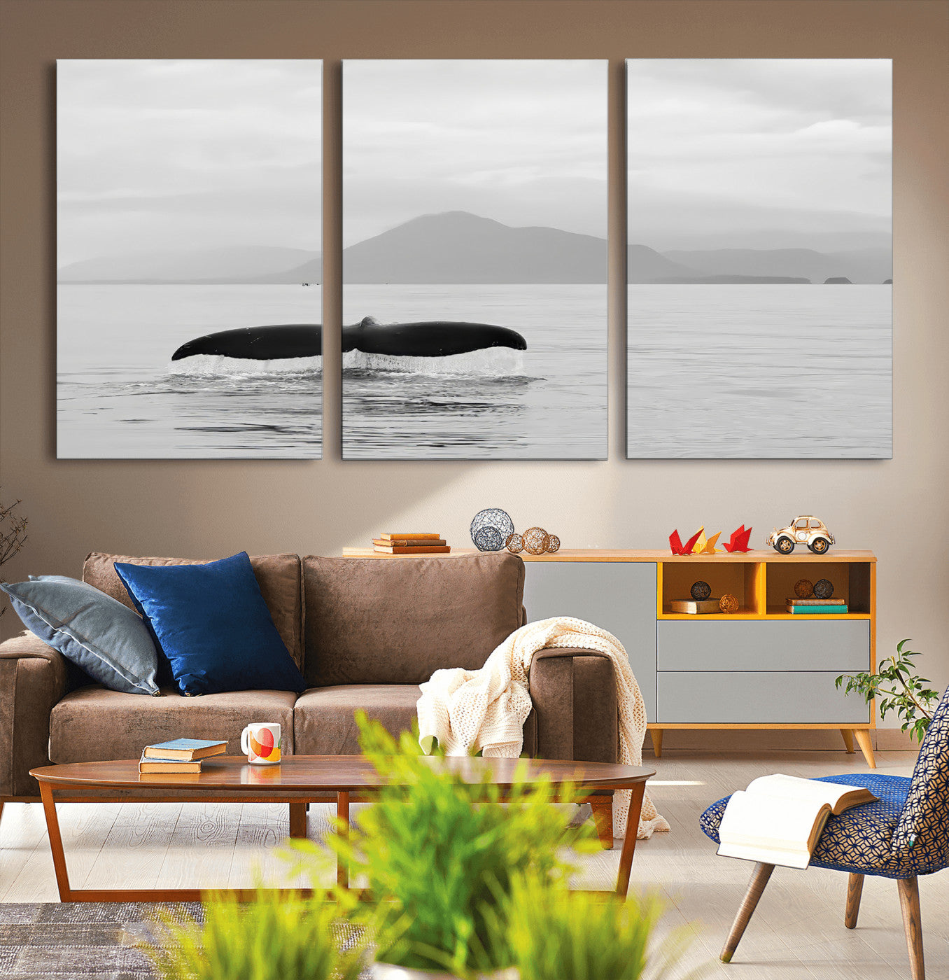 30524220-MGV-CV-36X24-Whale Tail Wall Art Canvas Print, Framed Black White Ocean Art Picture Print, Calm Marine Perfect Minimalist Coastal Decor Artwork
