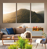 42338636-MGV-CV-36X24-Golden Mountain Wall Art Canvas Print, Framed Misty Summit Art Picture Print, Rugged Landscape Perfect Moody Wilderness Decor