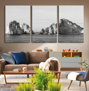 18810731-MGV-CV-36X24-Rugged Coastline Wall Art Canvas Print, Framed Ocean Cliffs Art Picture Print, Monochrome Seascape Perfect Coastal Minimalist