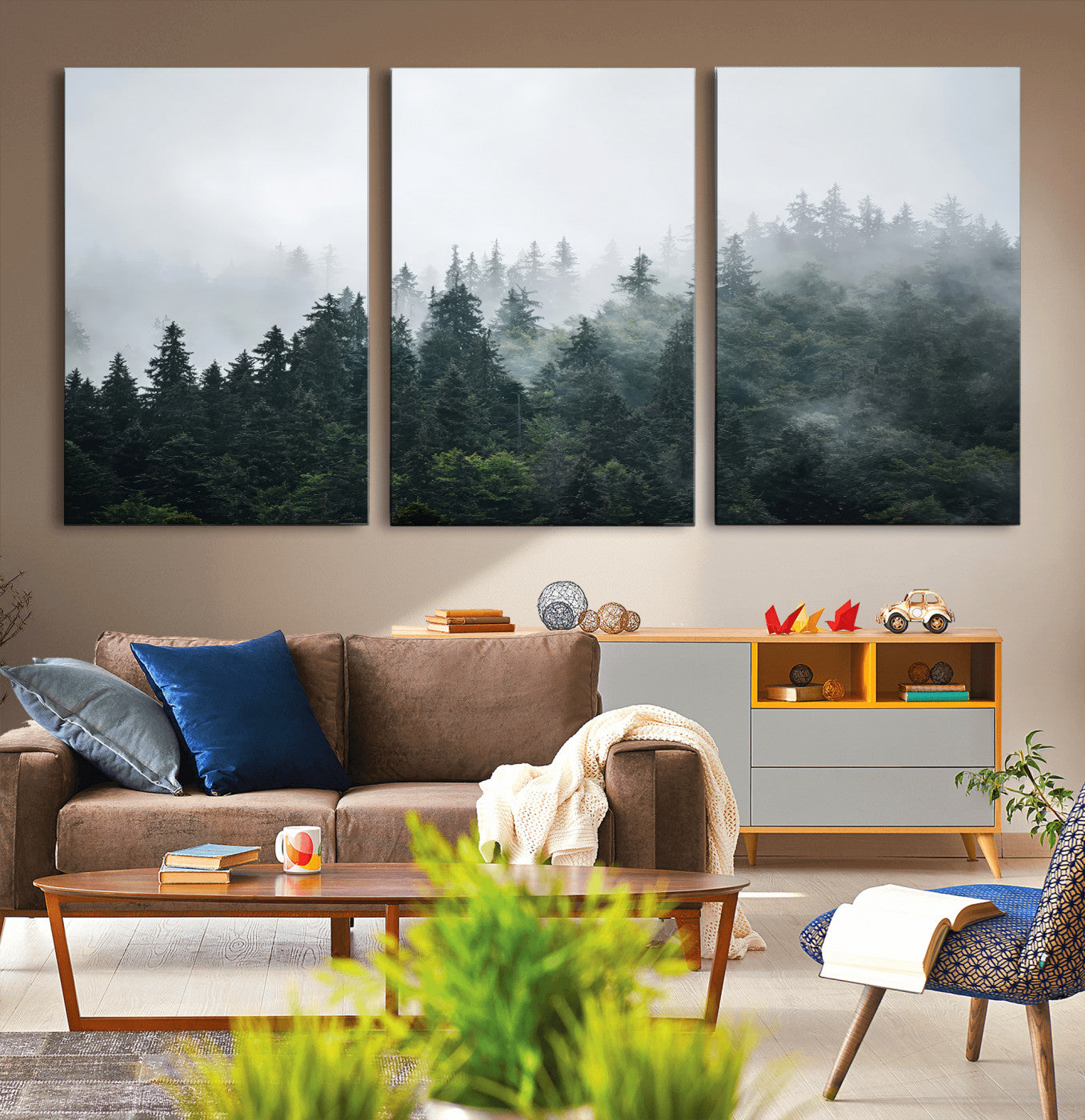 84146572-MGV-CV-36X24-Foggy Pine Trees Wall Art Canvas Print, Framed Forest Nature Art Picture Print, Evergreen Forest Perfect Scandinavian Minimalist