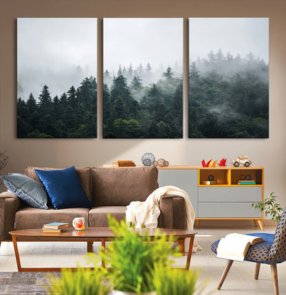 84146572-MGV-CV-36X24-Foggy Pine Trees Wall Art Canvas Print, Framed Forest Nature Art Picture Print, Evergreen Forest Perfect Scandinavian Minimalist