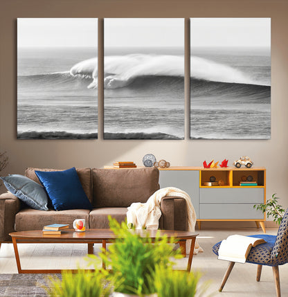 42544082-MGV-CV-36X24-Monochrome Seascape Wall Art Canvas Print, Framed Surf Wave Art Picture Print, Minimalist Ocean Perfect Moody Coastal Decor