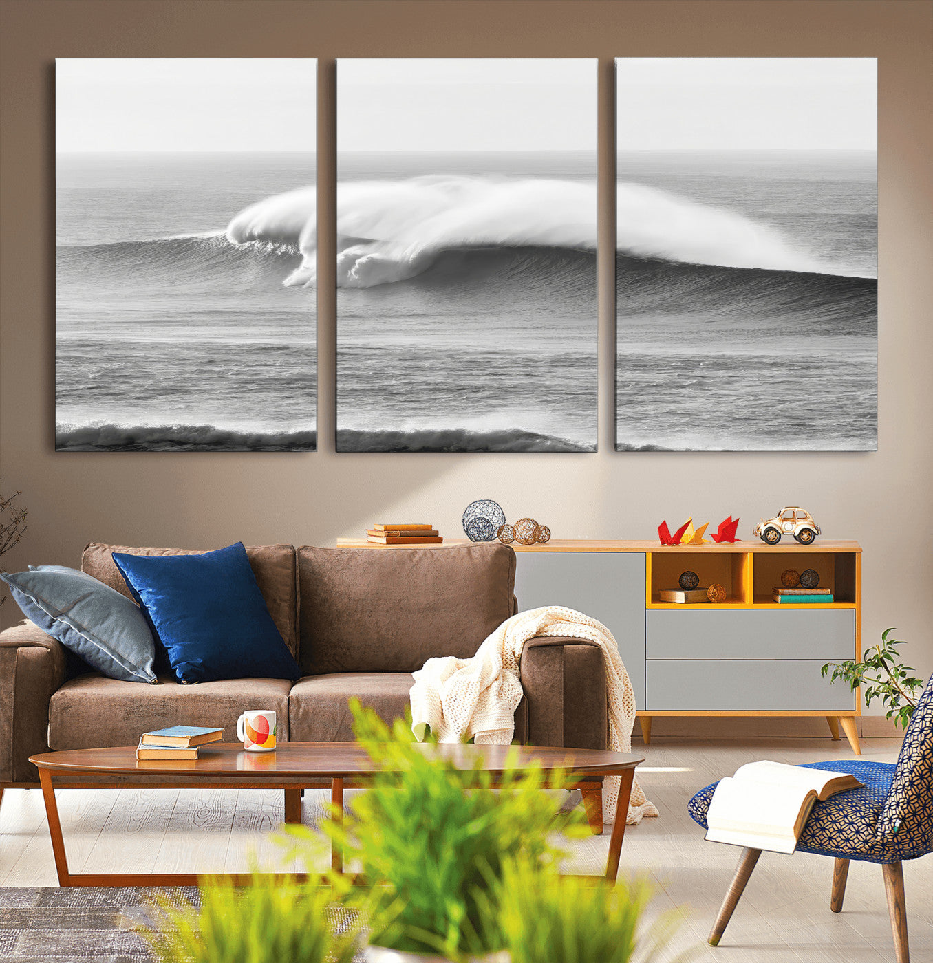 42544082-MGV-CV-36X24-Monochrome Seascape Wall Art Canvas Print, Framed Surf Wave Art Picture Print, Minimalist Ocean Perfect Moody Coastal Decor