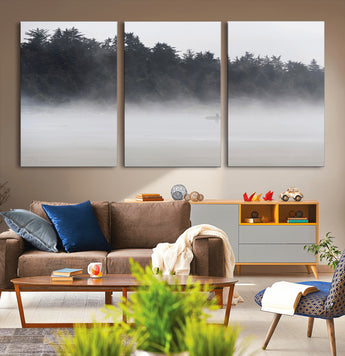 59703275-MGV-CV-36X24-Surfer in Fog Wall Art Canvas Print, Framed Foggy Beach Art Picture Print, Coastal Surf Perfect Moody Coastal Decor Artwork