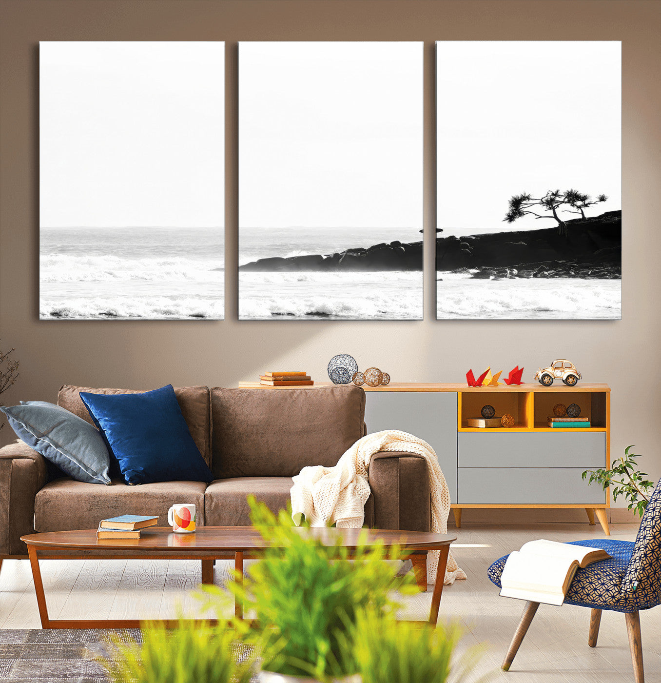 40875891-MGV-CV-36X24-SurferCliffs Wall Art Canvas Print, Framed Black White Beach Art Picture Print, Ocean Waves Perfect Minimalist Coastal Decor