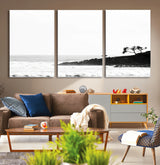 40875891-MGV-CV-36X24-SurferCliffs Wall Art Canvas Print, Framed Black White Beach Art Picture Print, Ocean Waves Perfect Minimalist Coastal Decor