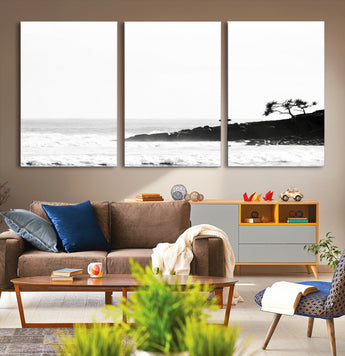 40875891-MGV-CV-36X24-SurferCliffs Wall Art Canvas Print, Framed Black White Beach Art Picture Print, Ocean Waves Perfect Minimalist Coastal Decor