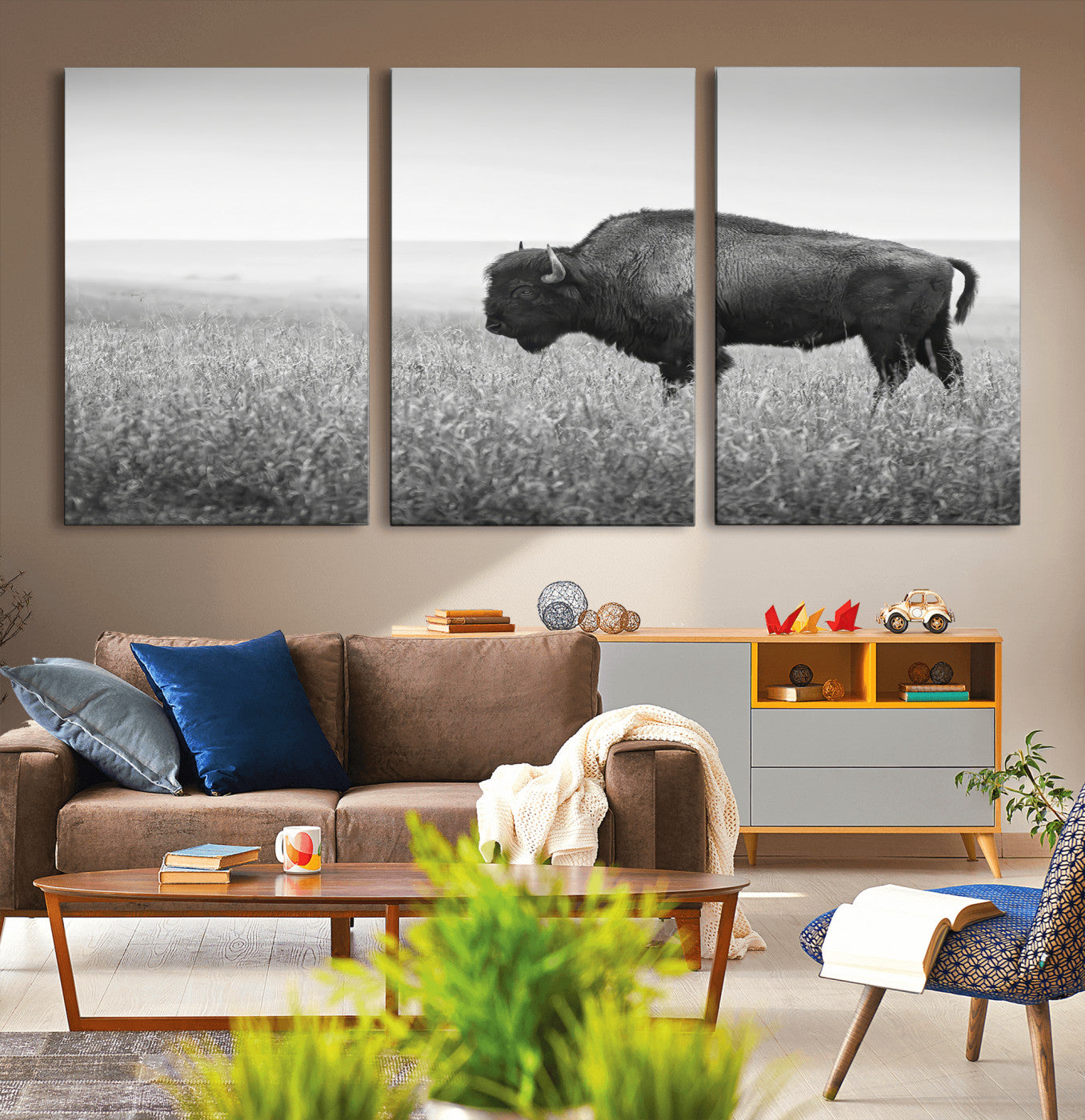 28435251-MGV-CV-36X24-Bison In Prairie Wall Art Canvas Print, Framed Rustic Wildlife Art Picture Print, Wild Buffalo Perfect Rustic Western Decor