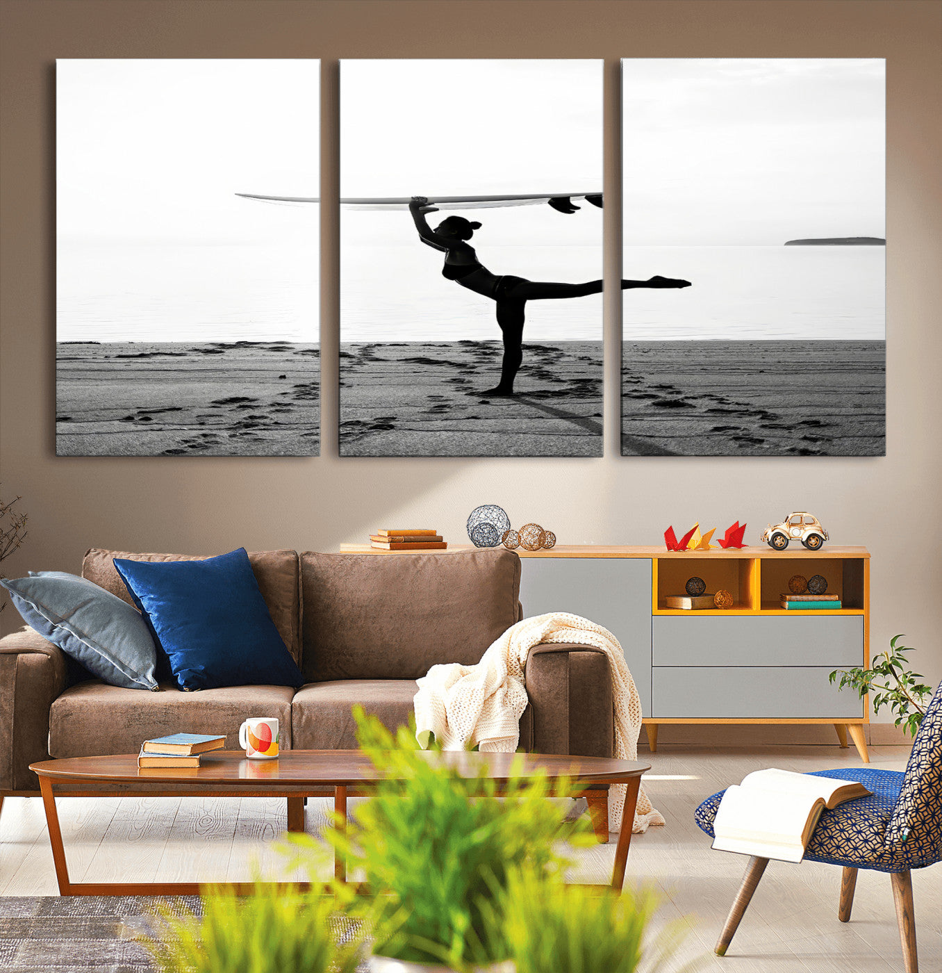 28441356-MGV-CV-36X24-Yoga Surf Wall Art Canvas Print, Framed Black White Shore Art Picture Print, Peaceful Ocean Perfect Minimalist Coastal Decor