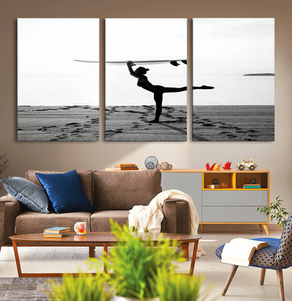 28441356-MGV-CV-36X24-Yoga Surf Wall Art Canvas Print, Framed Black White Shore Art Picture Print, Peaceful Ocean Perfect Minimalist Coastal Decor