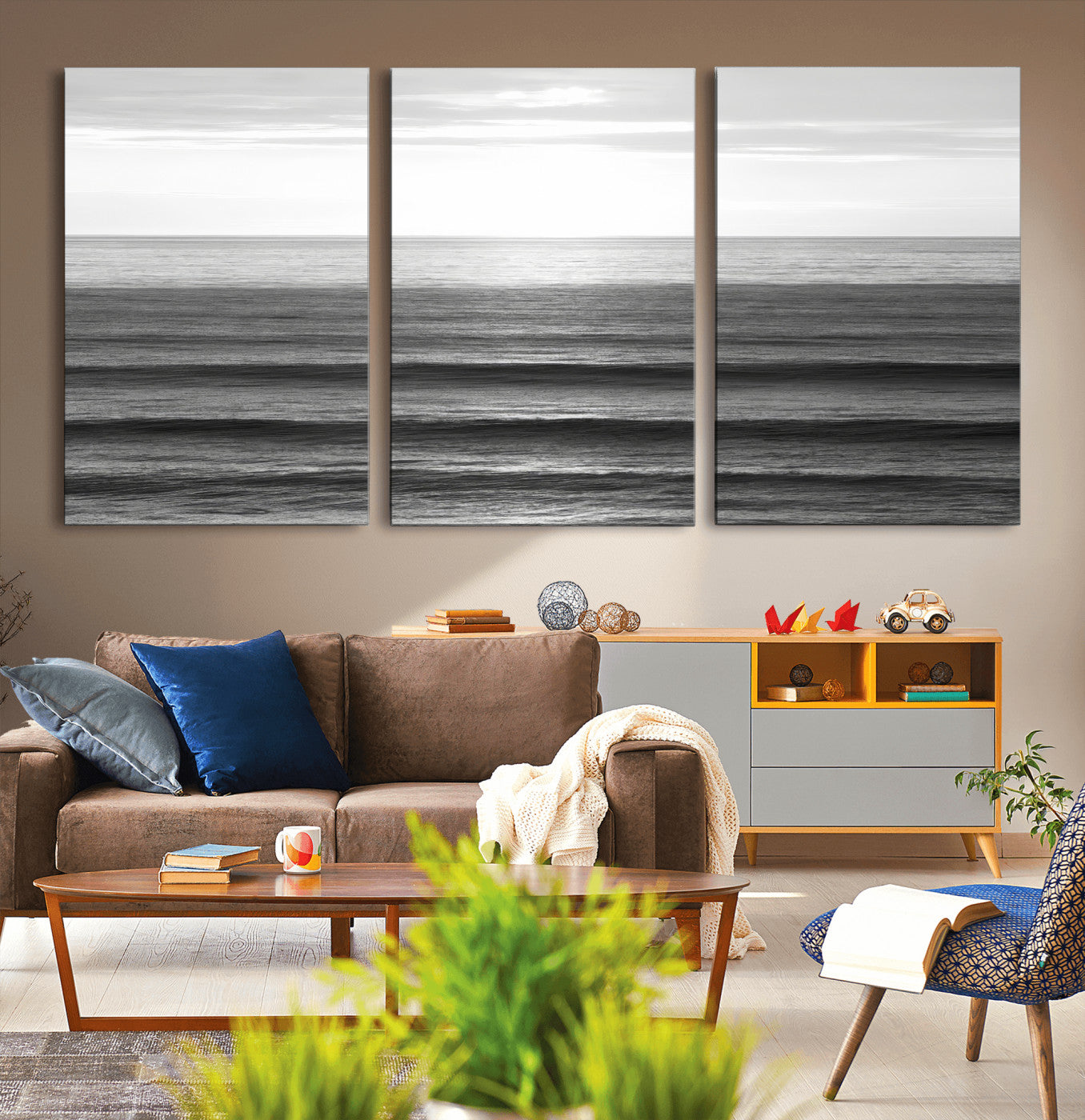 47305203-MGV-CV-36X24-Monochrome Ocean Wall Art Canvas Print, Framed Moody Ocean Art Picture Print, Calm Ocean Perfect Minimalist Coastal Decor Artwork