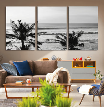 17508038-MGV-CV-36X24-Tropical Coastline Wall Art Canvas Print, Framed Palm Trees Art Picture Print, Ocean Waves Perfect Minimalist Coastal Decor