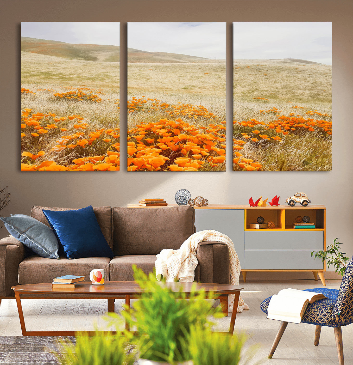 28972262-MGV-CV-36X24-Golden Wildflowers Wall Art Canvas Print, Framed Hills Bloom Art Picture Print, Poppy Meadow Perfect Rustic Nature Decor Artwork