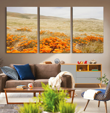 28972262-MGV-CV-36X24-Golden Wildflowers Wall Art Canvas Print, Framed Hills Bloom Art Picture Print, Poppy Meadow Perfect Rustic Nature Decor Artwork