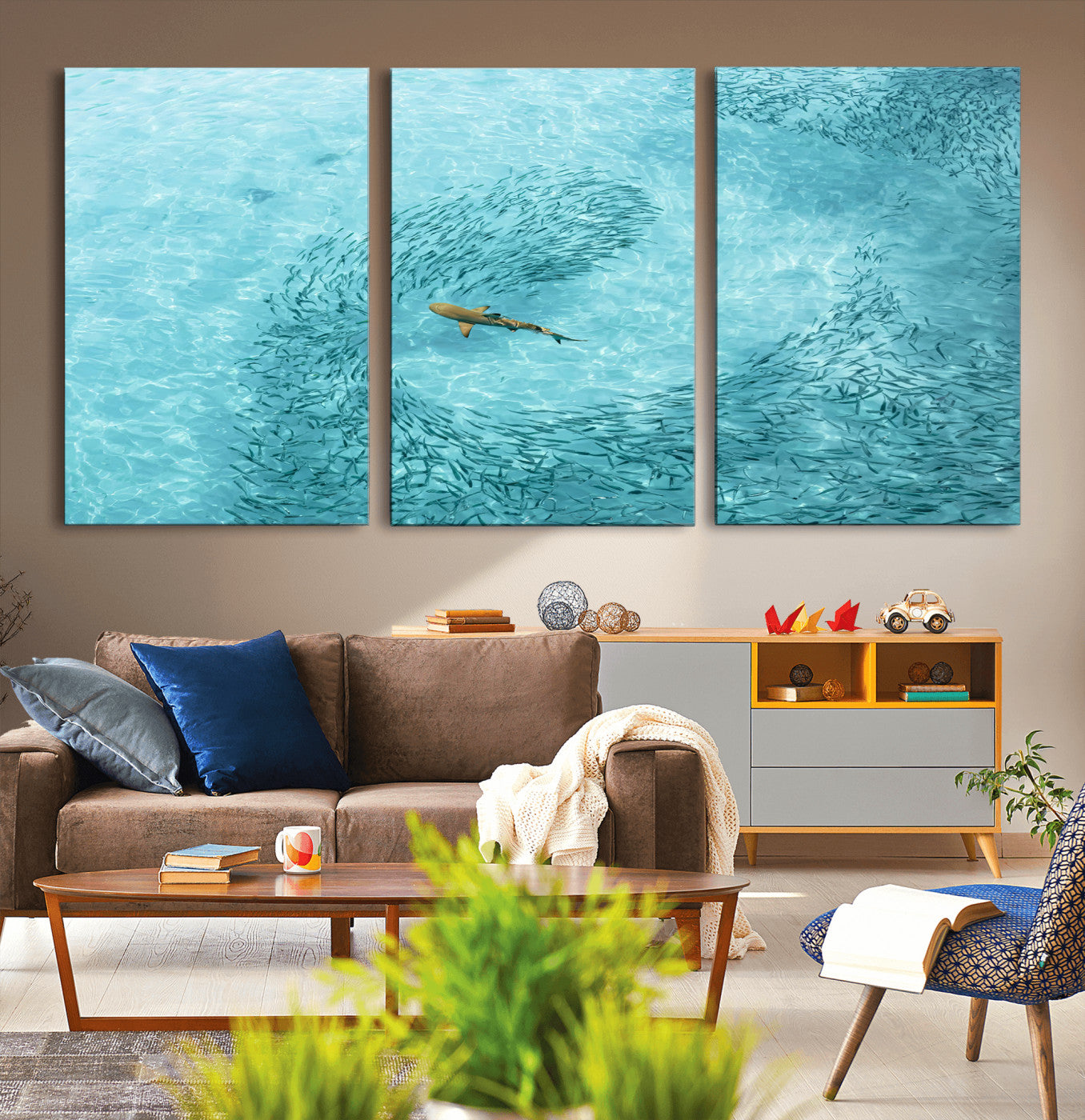 43671474-MGV-CV-36X24-Fish Swarm Wall Art Canvas Print, Framed Marine Life Art Picture Print, Shark Aerial Perfect Wildlife Coastal Decor Artwork