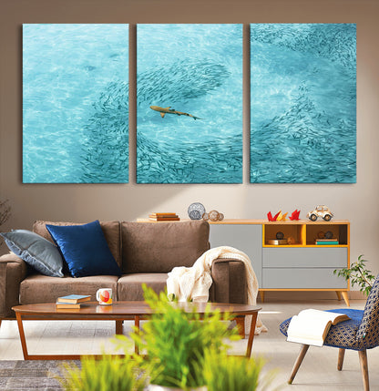 43671474-MGV-CV-36X24-Fish Swarm Wall Art Canvas Print, Framed Marine Life Art Picture Print, Shark Aerial Perfect Wildlife Coastal Decor Artwork