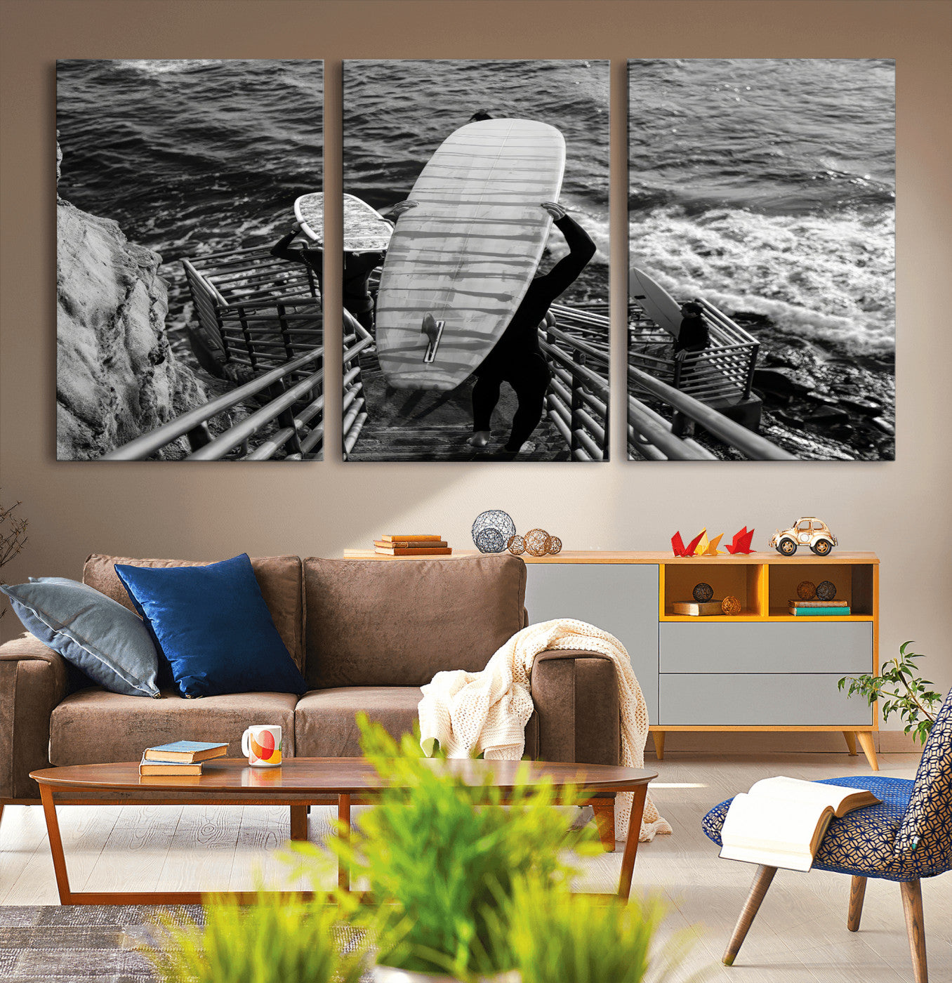 32353707-MGV-CV-36X24-Black White Surfing Wall Art Canvas Print, Framed Coastal Surfing Art Picture Print, Wave Riders Perfect Coastal Adventure Decor