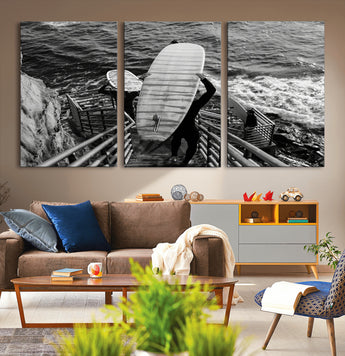 32353707-MGV-CV-36X24-Black White Surfing Wall Art Canvas Print, Framed Coastal Surfing Art Picture Print, Wave Riders Perfect Coastal Adventure Decor