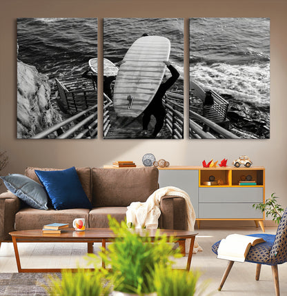 32353707-MGV-CV-36X24-Black White Surfing Wall Art Canvas Print, Framed Coastal Surfing Art Picture Print, Wave Riders Perfect Coastal Adventure Decor