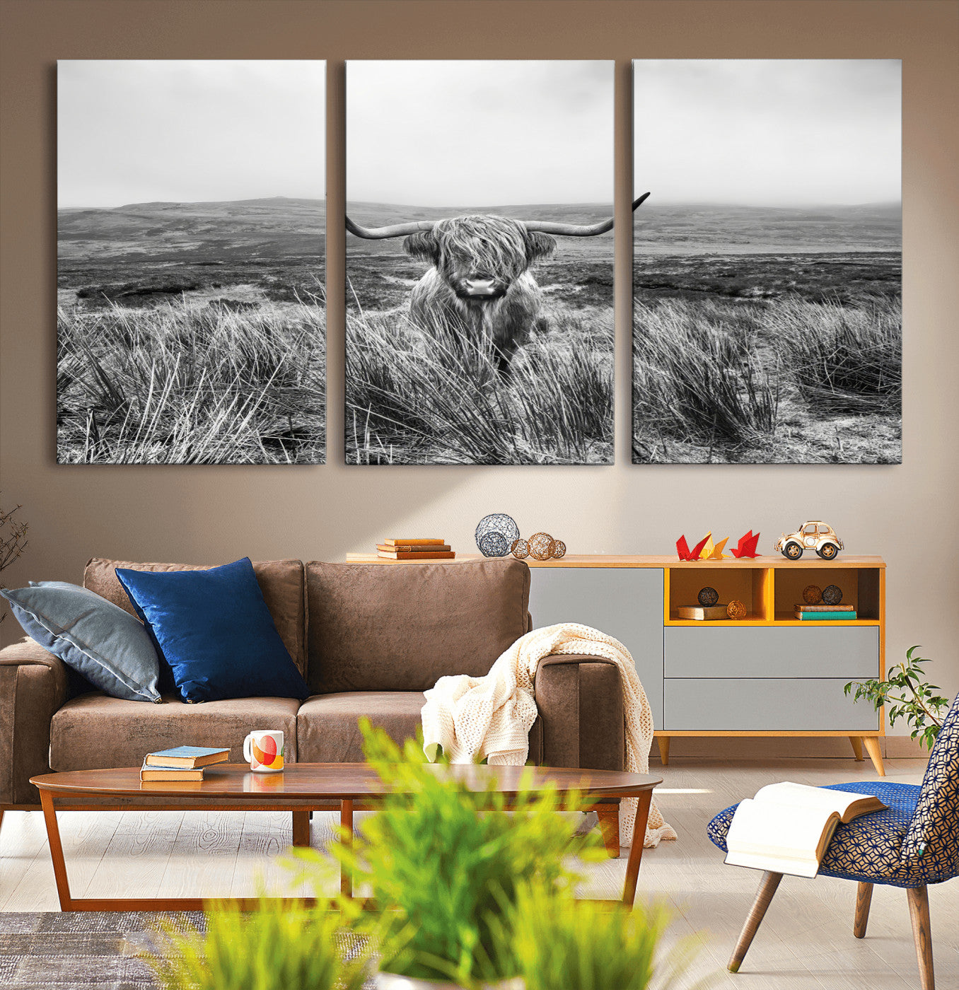 24051061-MGV-CV-36X24-Monochrome Highland Cow Wall Art Canvas Print, Framed Scottish Bull Art Picture Print, Lone Cattle Perfect Rustic Farmhouse Decor