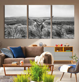 24051061-MGV-CV-36X24-Monochrome Highland Cow Wall Art Canvas Print, Framed Scottish Bull Art Picture Print, Lone Cattle Perfect Rustic Farmhouse Decor