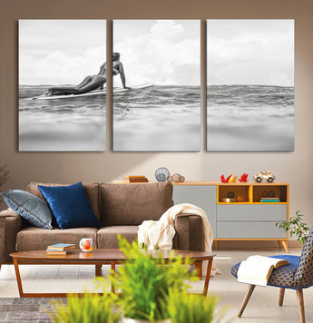 69798068-MGV-CV-36X24-Black White Surfing Wall Art Canvas Print, Framed Ocean Horizon Art Picture Print, Surfer Girl Perfect Coastal Adventure Decor