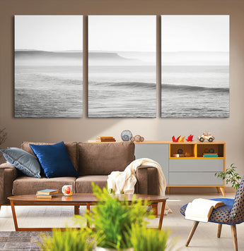 60635783-MGV-CV-36X24-Black White Seascape Wall Art Canvas Print, Framed Ocean Waves Art Picture Print, Misty Coastal Perfect Minimalist Coastal Decor