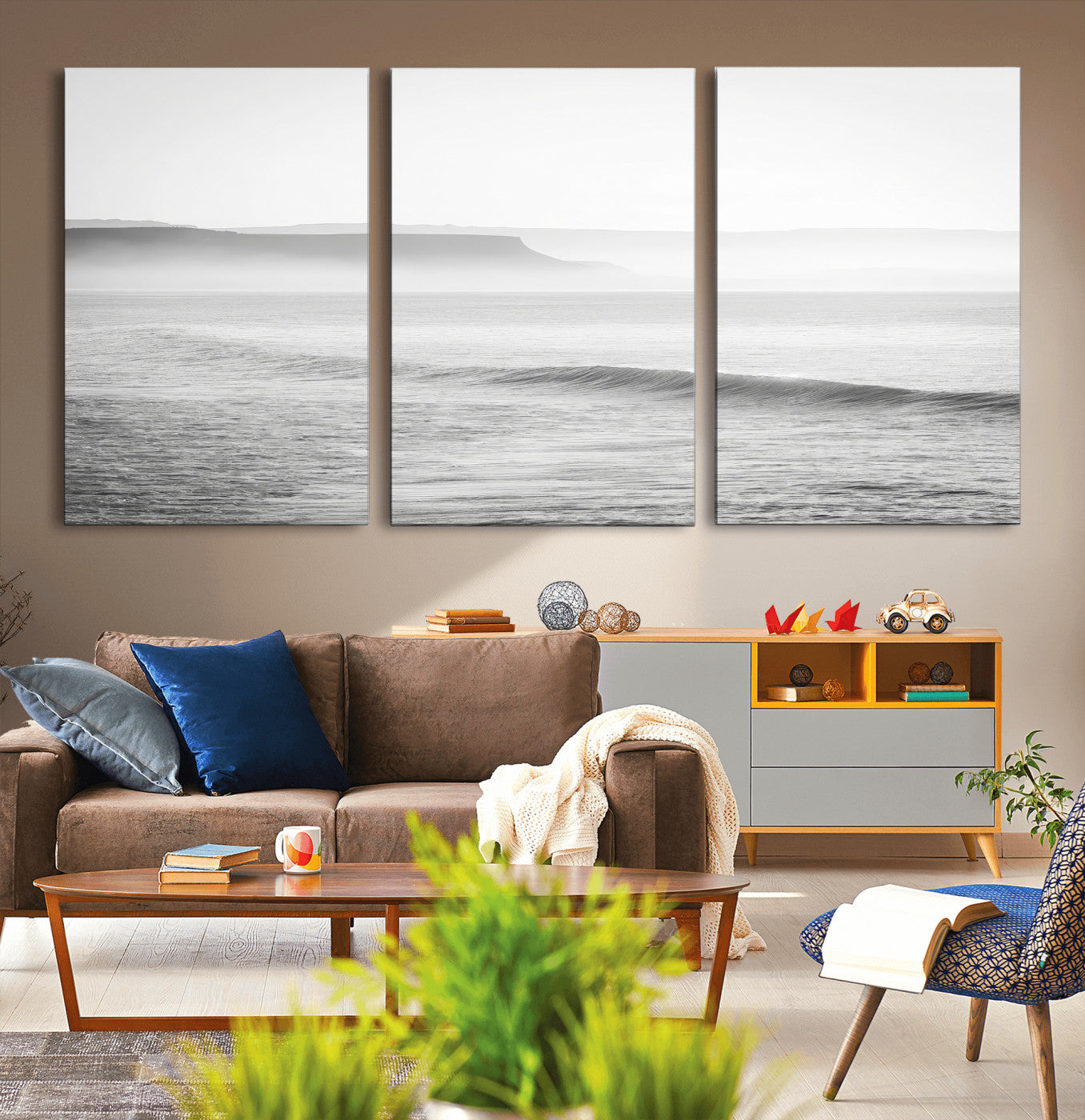 60635783-MGV-CV-36X24-Black White Seascape Wall Art Canvas Print, Framed Ocean Waves Art Picture Print, Misty Coastal Perfect Minimalist Coastal Decor